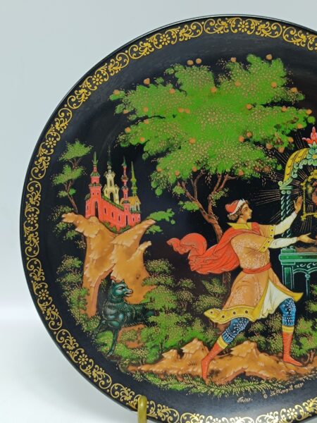 Декоративная тарелка "Жар-Птица. Золотая Клетка". Фарфор, деколь, золочение. СССР, Палехская Миниатюра, ЛФЗ, 1990