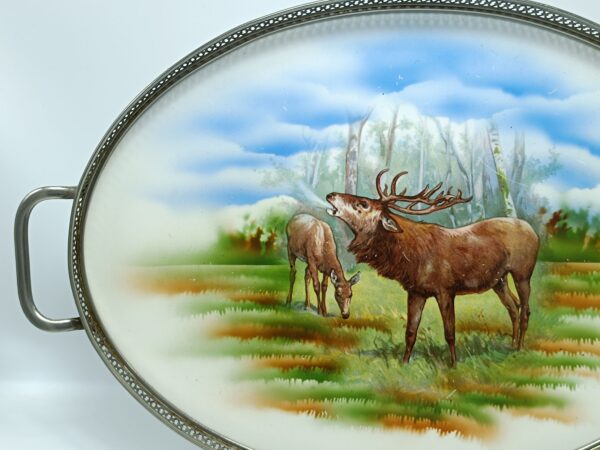 Старинный поднос с ручками "Охота. Природа. Лось. Косуля". Фарфор. Посеребрение